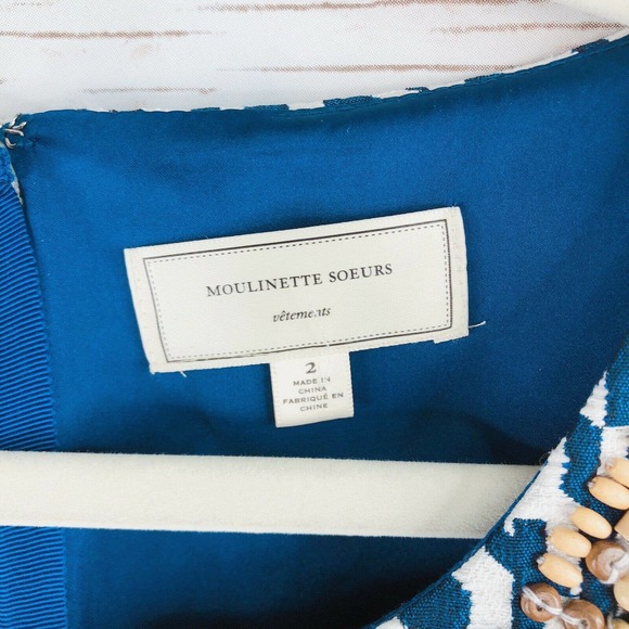 Anthropologie Moulinette Soeurs beaded neckline blue & white lined Dress Size 2 - Picture 6 of 11